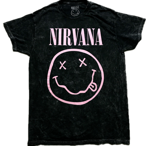 NEW Nirvana Pink Med Logo Smiley Graphic Acid Wash Grunge Tee T - Shirt - Picture 1 of 8